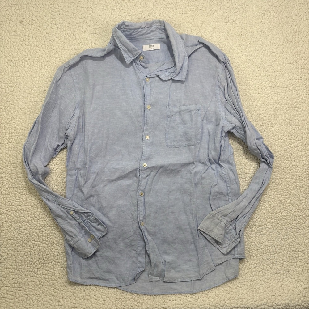 Uniqlo 100% Linen Button Up Shirt Mens XL Long‎ Sleeve Light Blue Lightweight